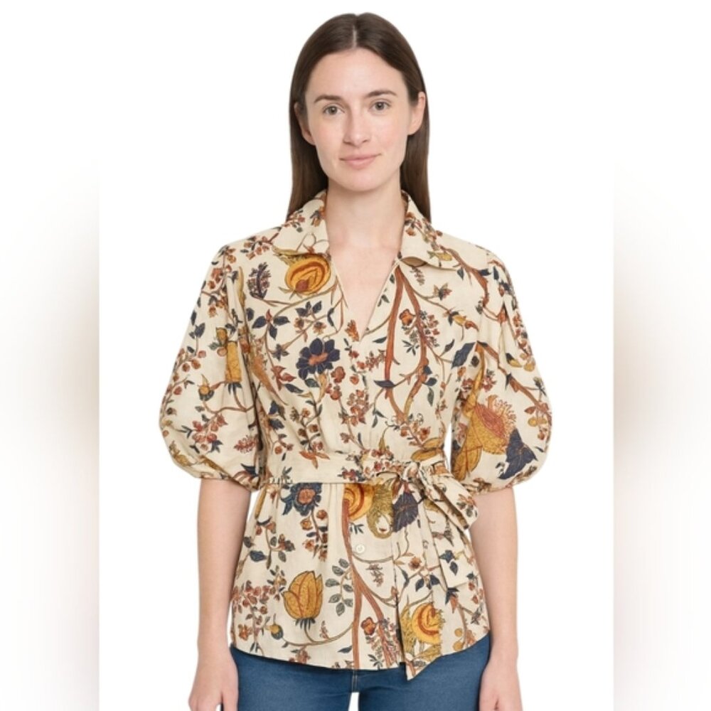 Elie Tahari Floral Wrap Puff Sleeve Belted Blouse